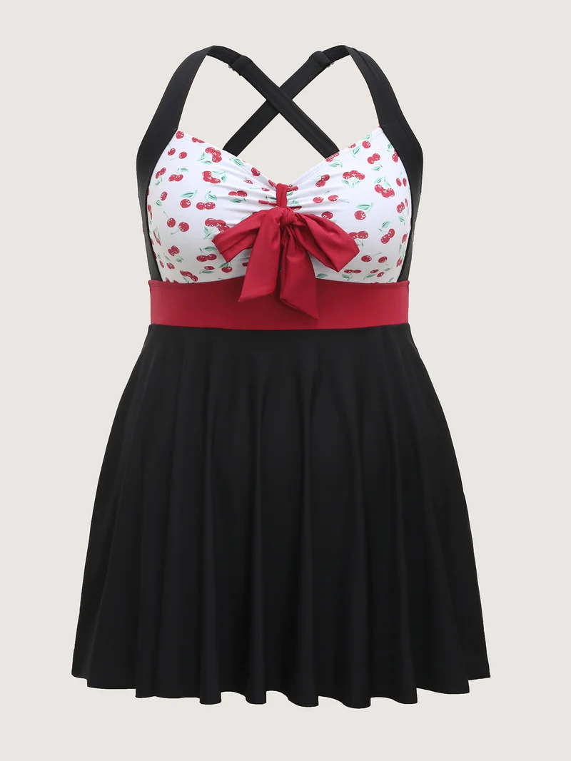 Cherry Knotted Bodice Color Block Swim Dress