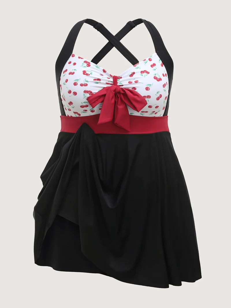 Cherry Knotted Bodice Color Block Swim Dress