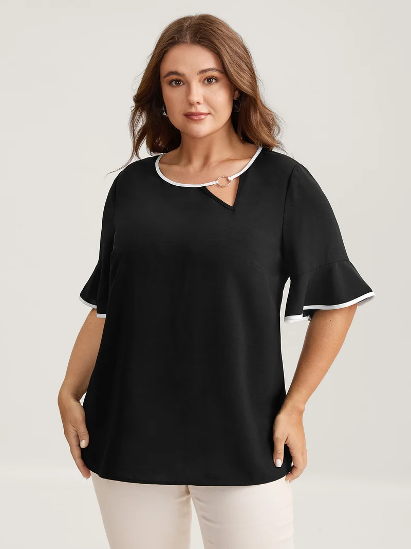 Metal Color Contrast Asymmetrical Neck Blouse