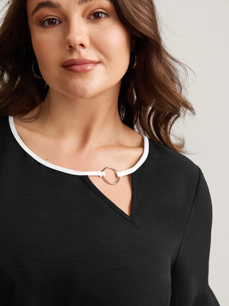 Metal Color Contrast Asymmetrical Neck Blouse