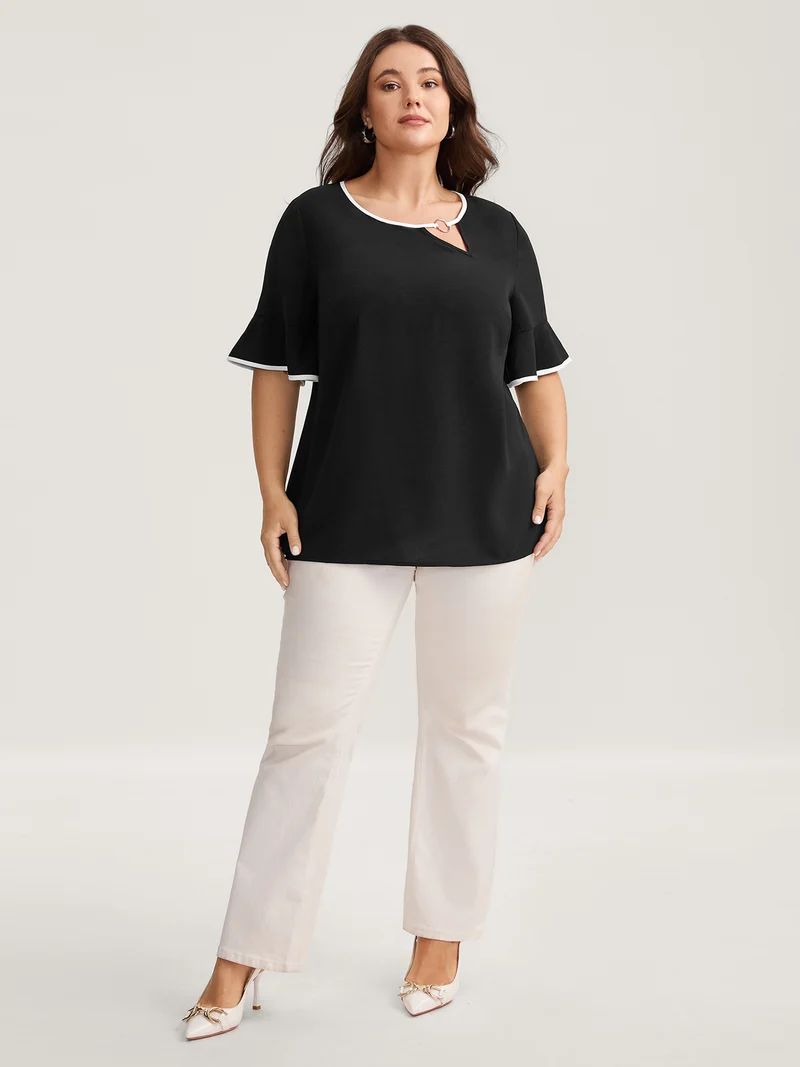 Metal Color Contrast Asymmetrical Neck Blouse