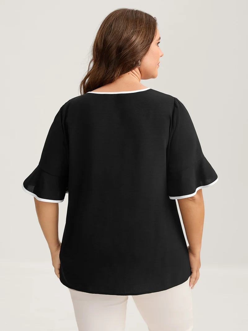Metal Color Contrast Asymmetrical Neck Blouse