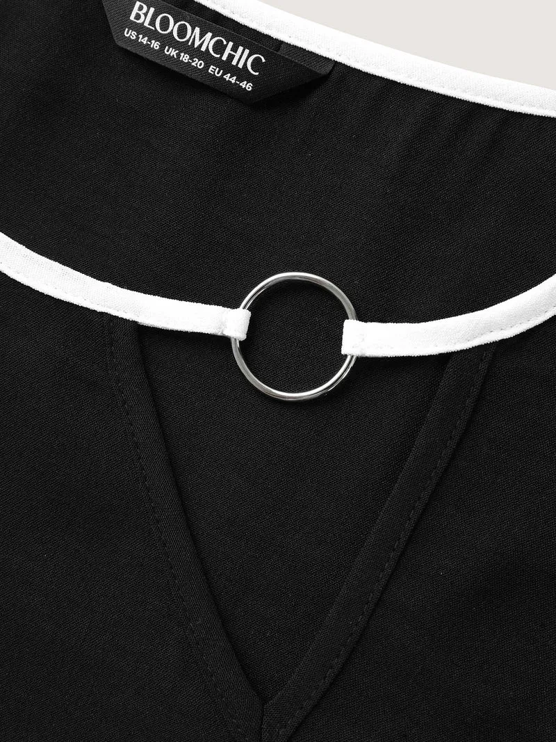Metal Color Contrast Asymmetrical Neck Blouse