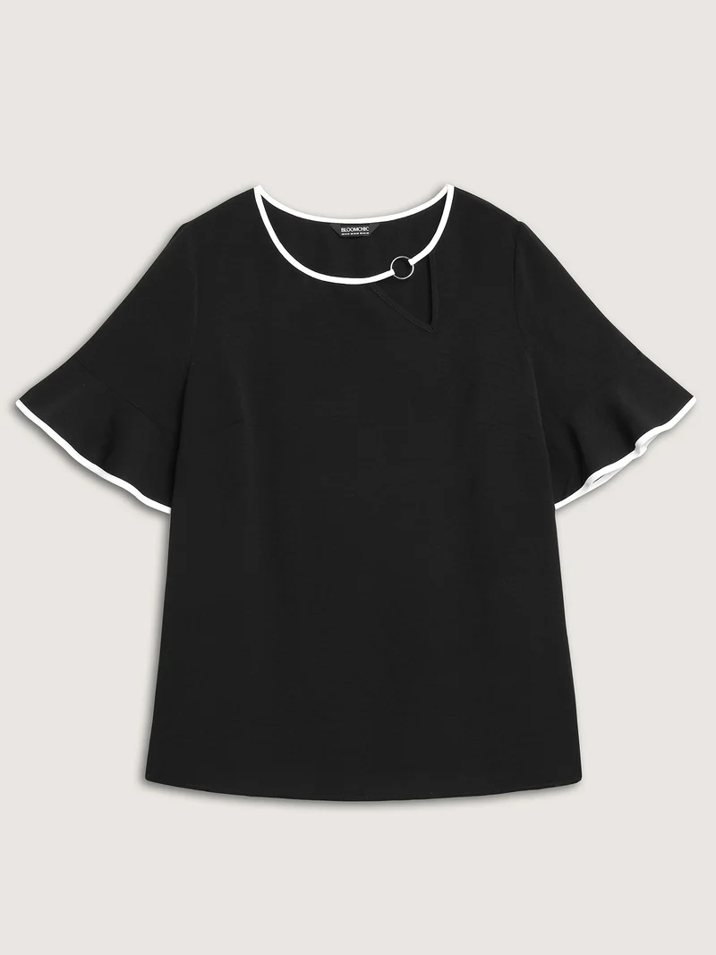 Metal Color Contrast Asymmetrical Neck Blouse