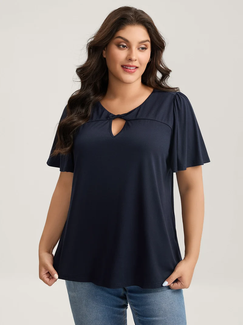 Neck-Tie Flared Sleeve Solid T-Shirt