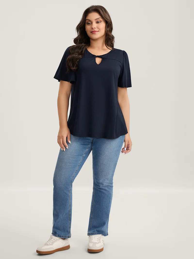 Neck-Tie Flared Sleeve Solid T-Shirt