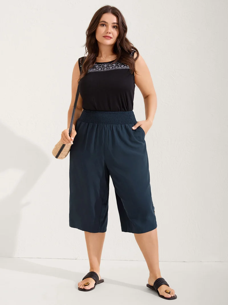 Shirred Waist Solid Straight-Leg Pants