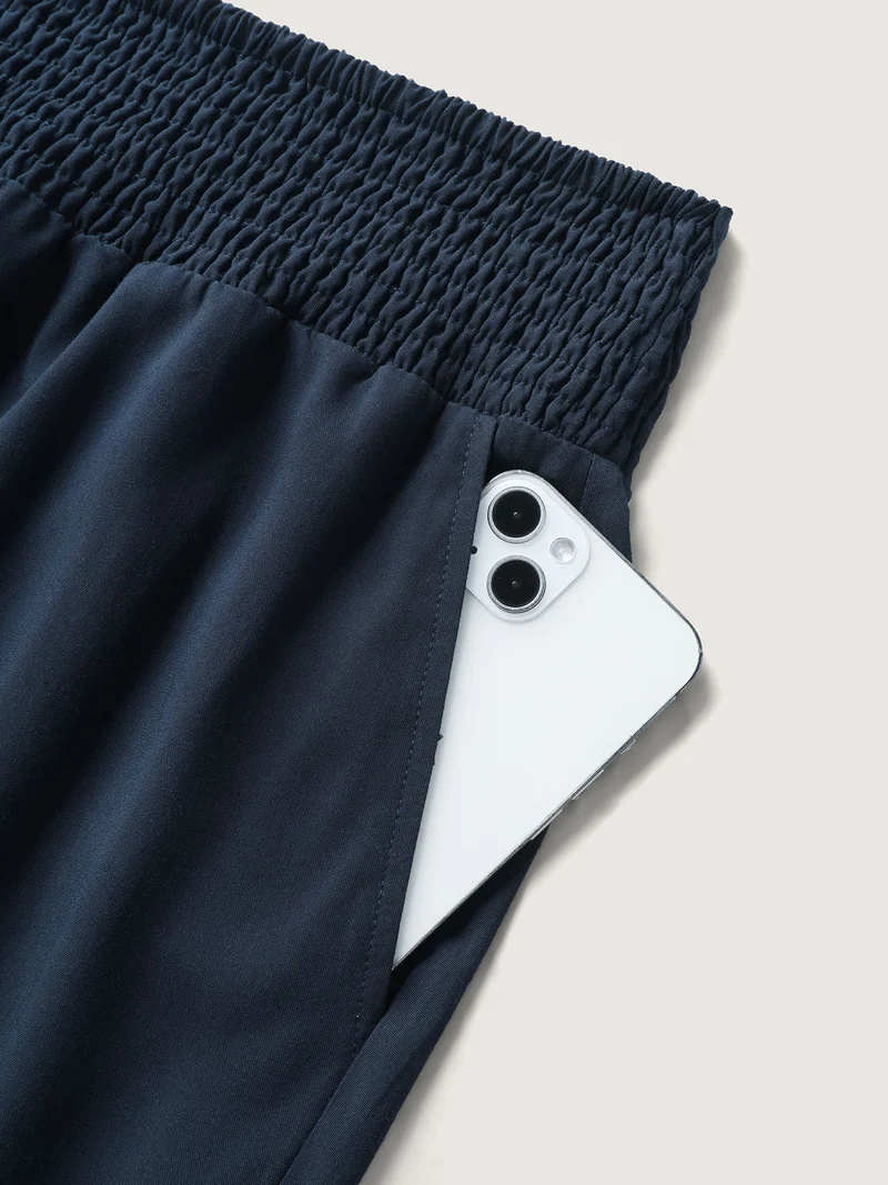 Shirred Waist Solid Straight-Leg Pants