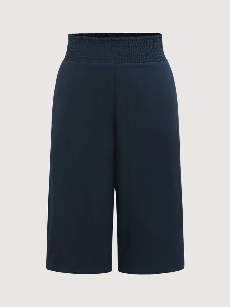 Shirred Waist Solid Straight-Leg Pants