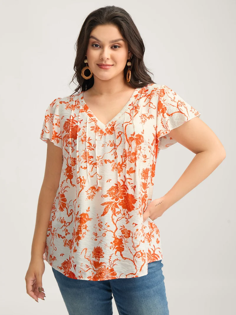 Floral Print Pleated Front Blouse