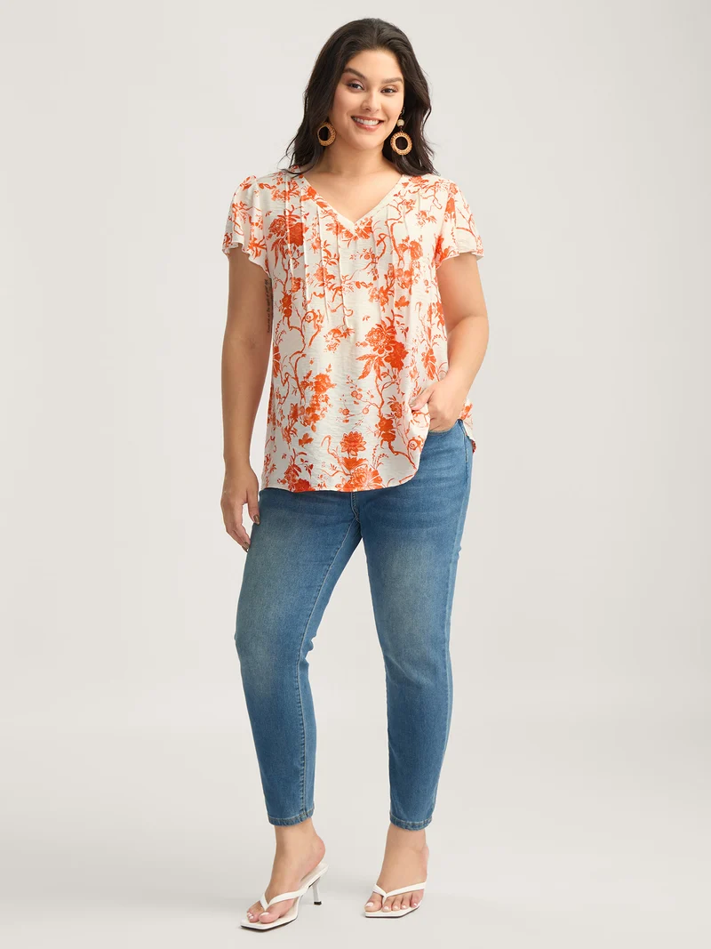 Floral Print Pleated Front Blouse