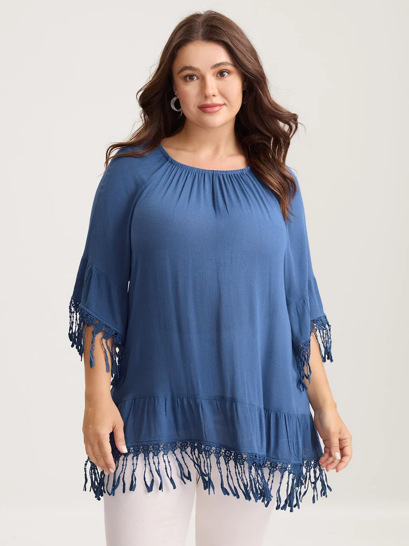 Rayon Lace Trim Solid Relaxed Blouse