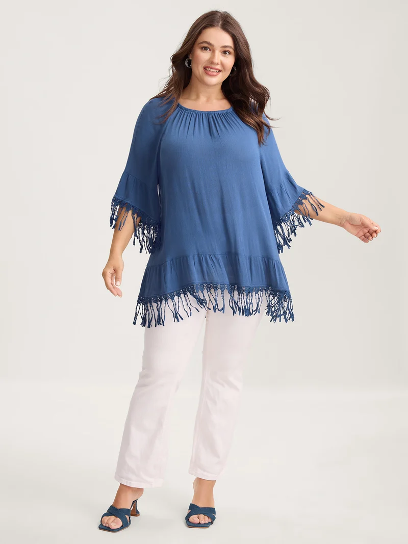 Rayon Lace Trim Solid Relaxed Blouse