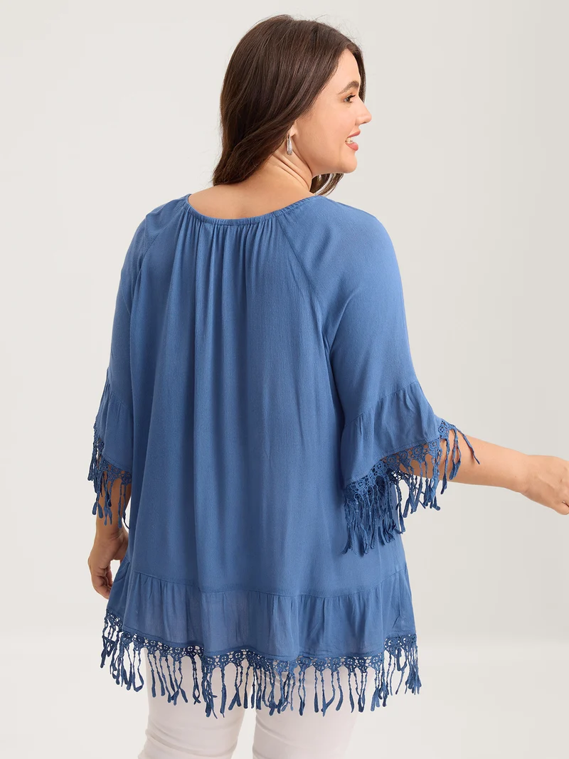 Rayon Lace Trim Solid Relaxed Blouse