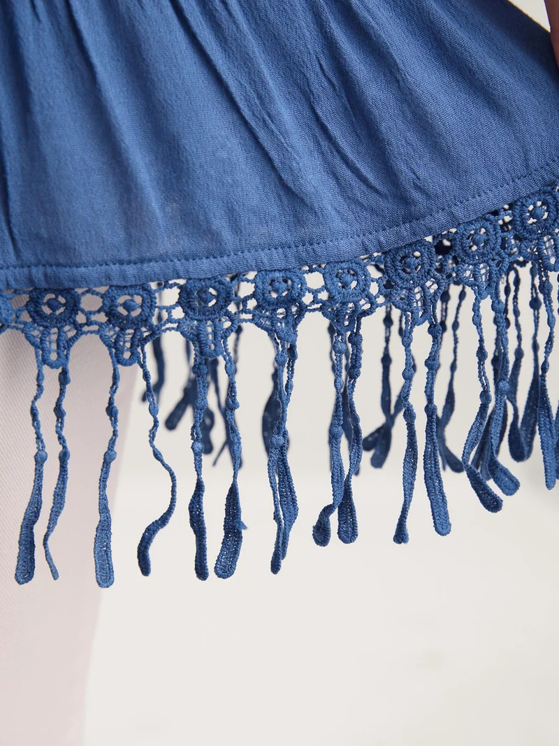 Rayon Lace Trim Solid Relaxed Blouse