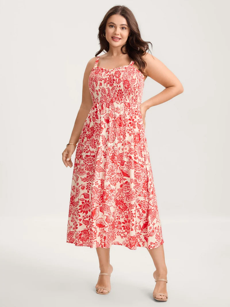 Floral Shirred Ruffled Cami Midi Dress