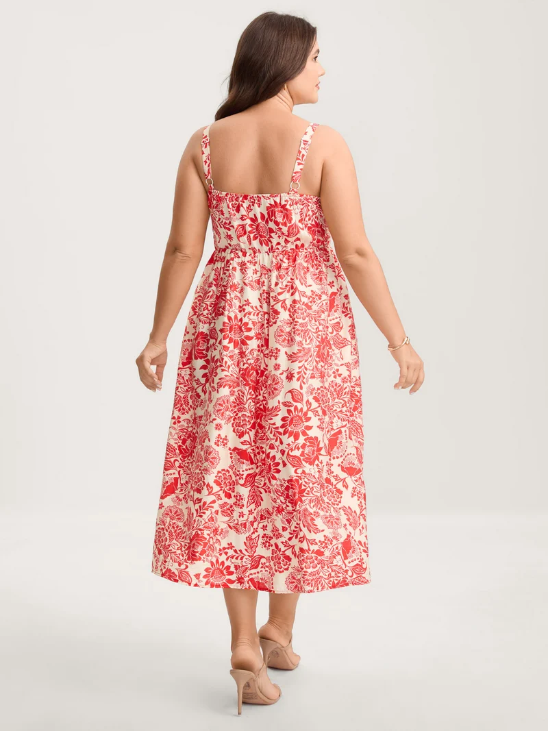 Floral Shirred Ruffled Cami Midi Dress