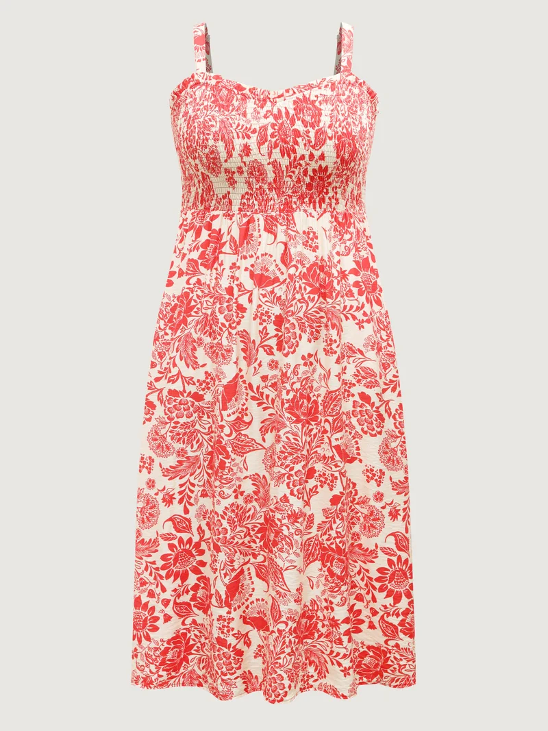 Floral Shirred Ruffled Cami Midi Dress