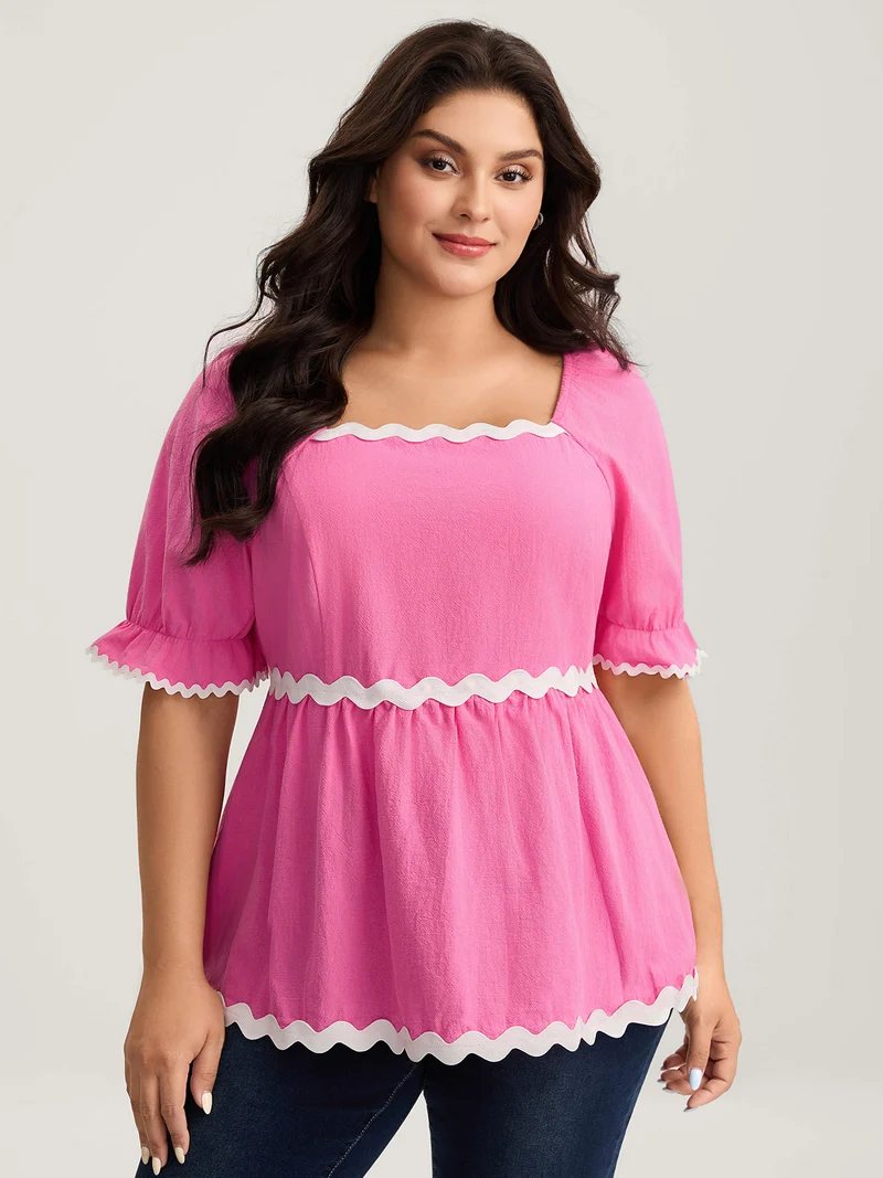 Cotton Contrast Webbed Square Neck Solid Blouse