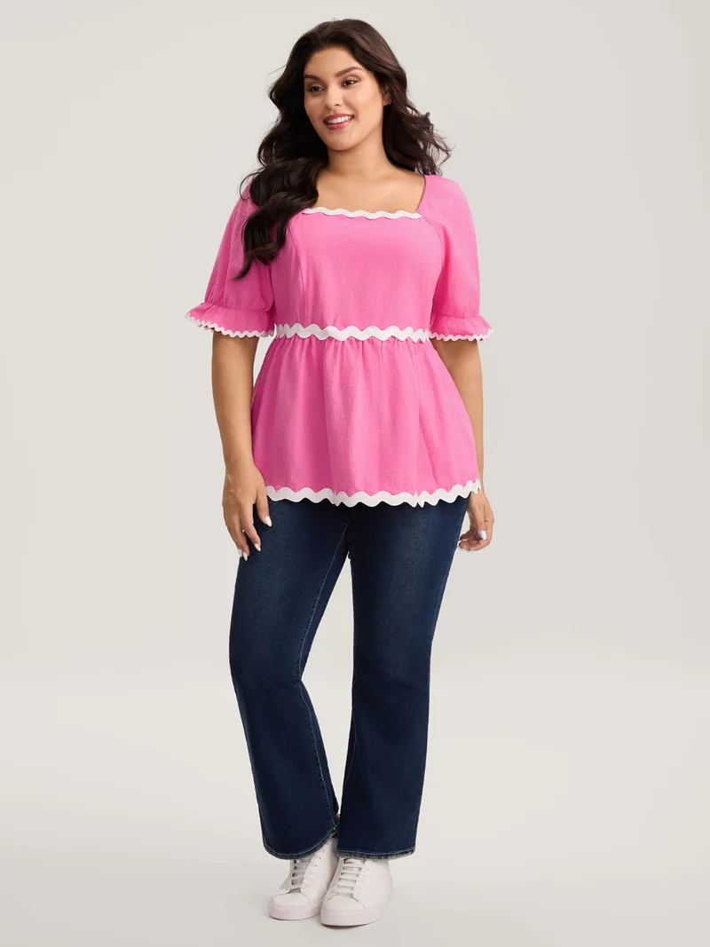 Cotton Contrast Webbed Square Neck Solid Blouse