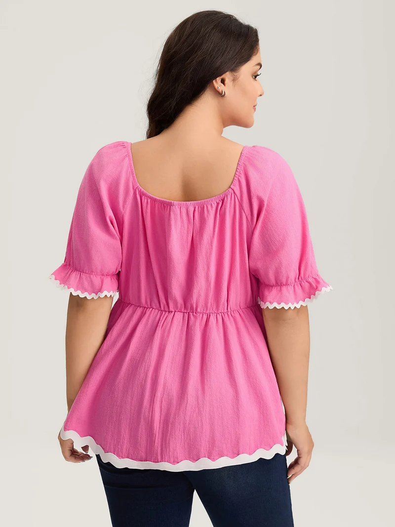 Cotton Contrast Webbed Square Neck Solid Blouse