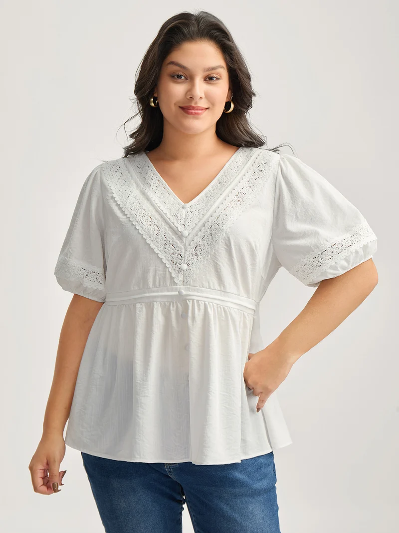 Lace Trim V-Neck Puffy Sleeve Blouse