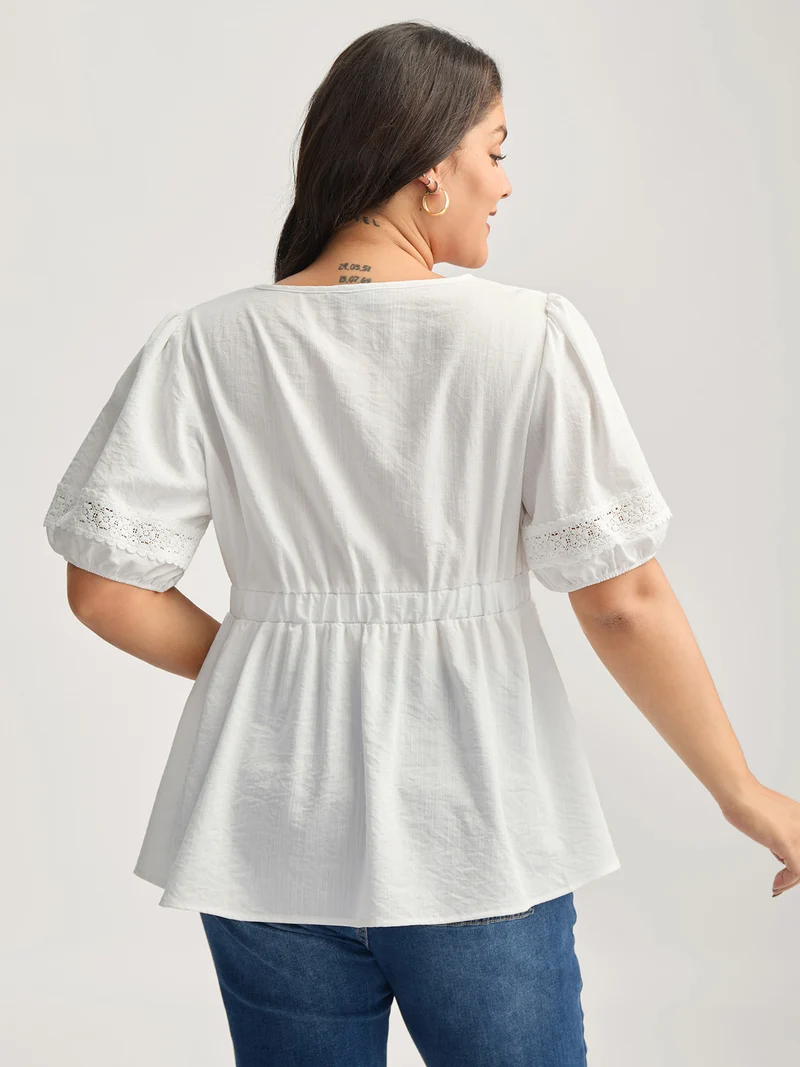 Lace Trim V-Neck Puffy Sleeve Blouse