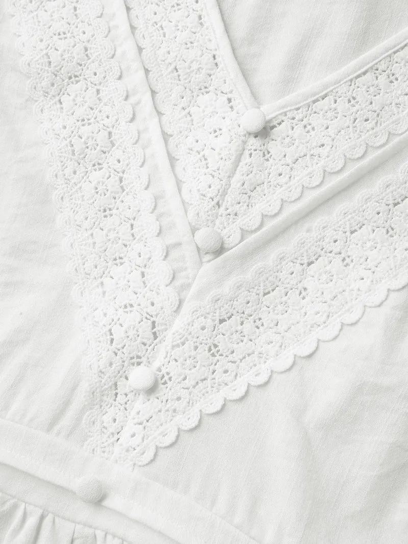 Lace Trim V-Neck Puffy Sleeve Blouse