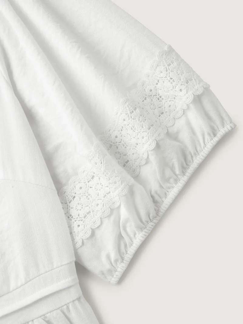 Lace Trim V-Neck Puffy Sleeve Blouse