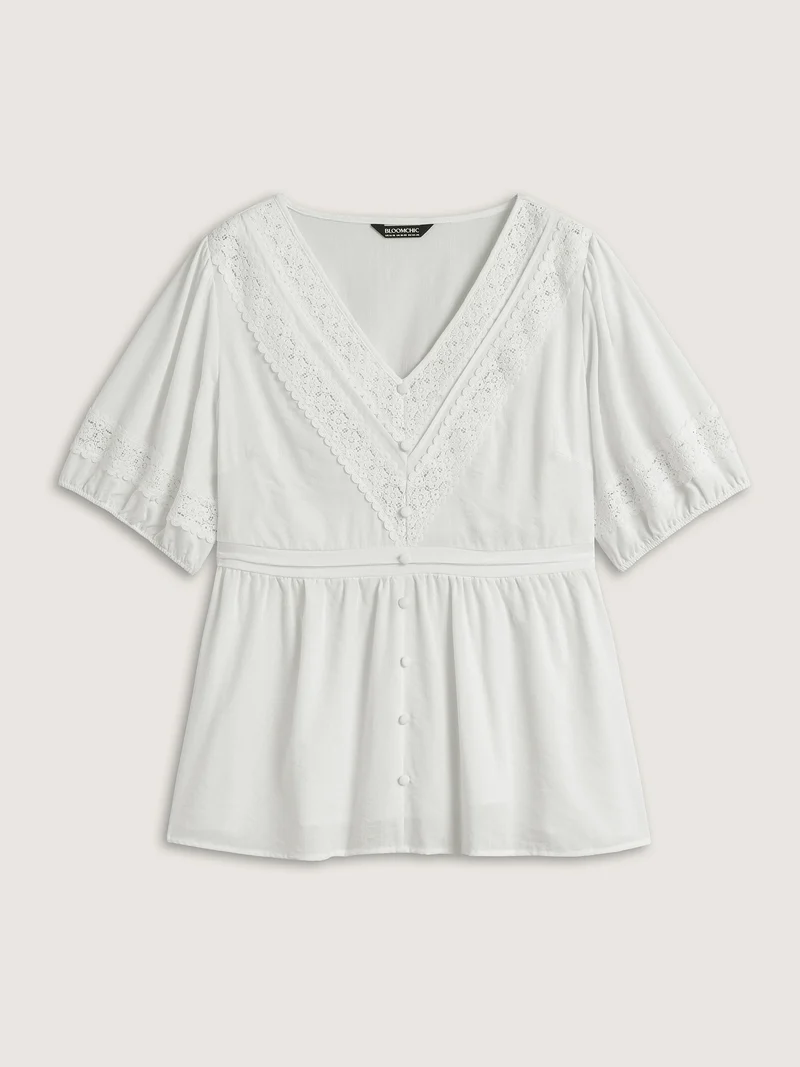 Lace Trim V-Neck Puffy Sleeve Blouse