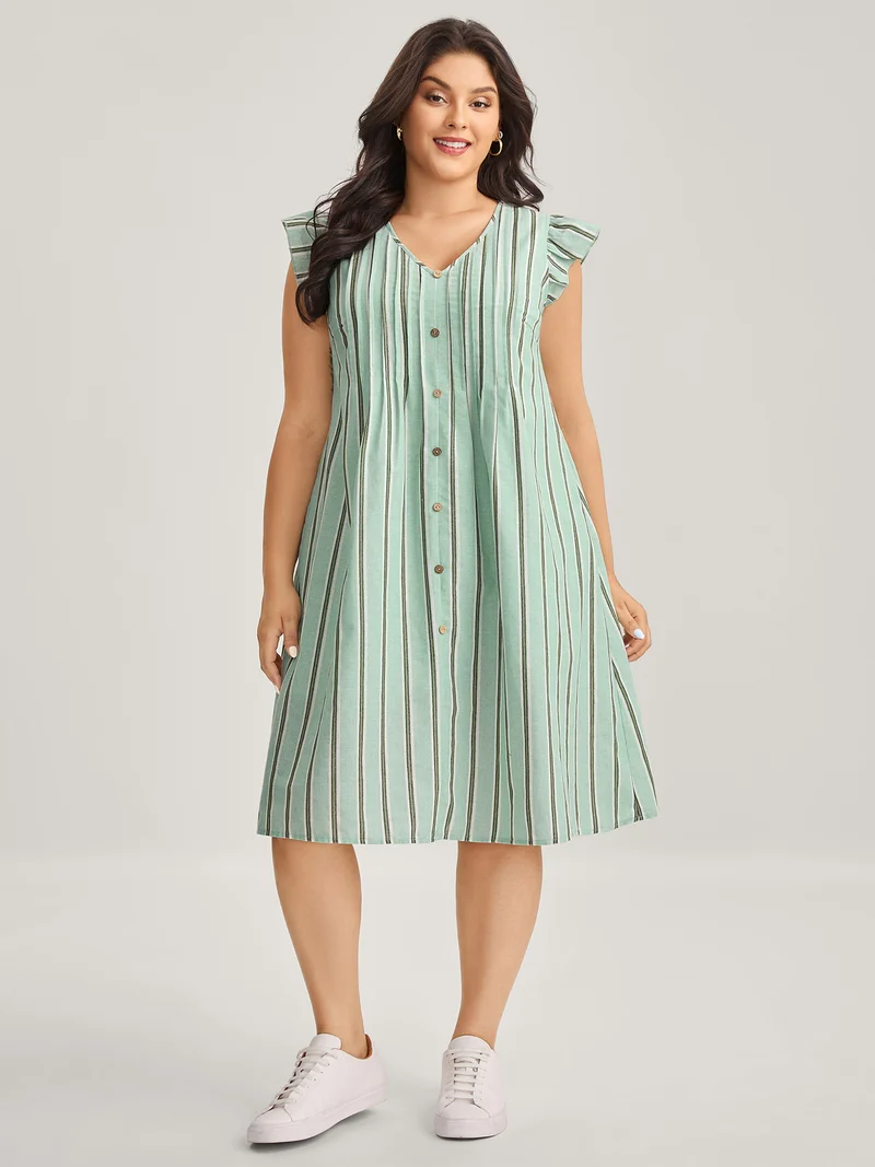 Pleated Front Stripes Pockets Midi Dress