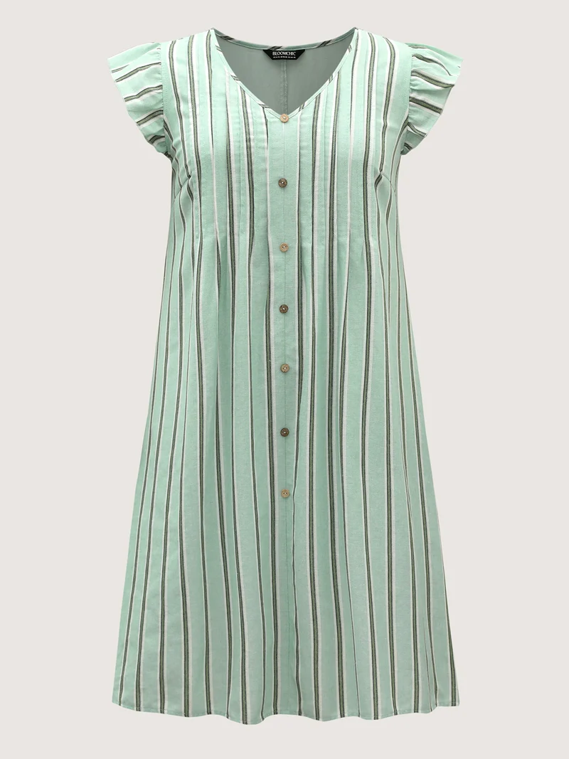 Pleated Front Stripes Pockets Midi Dress