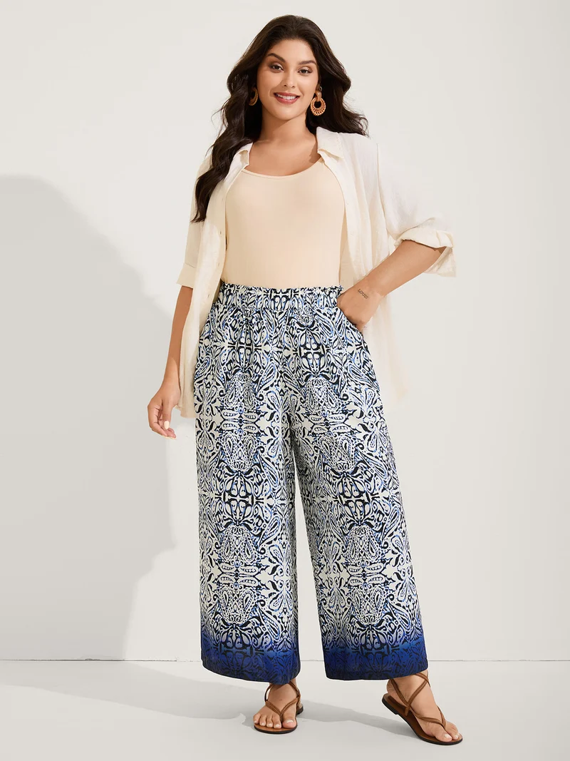 Abstract Floral Print Shirred Wide-Leg Pants