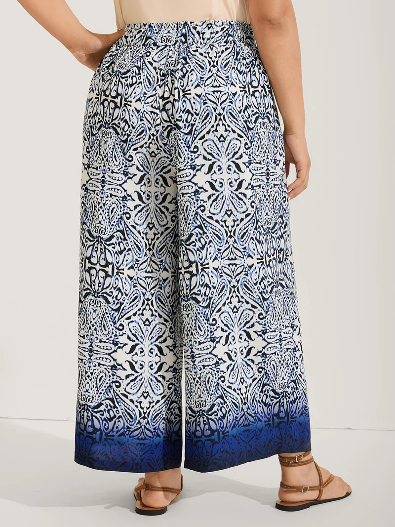 Abstract Floral Print Shirred Wide-Leg Pants