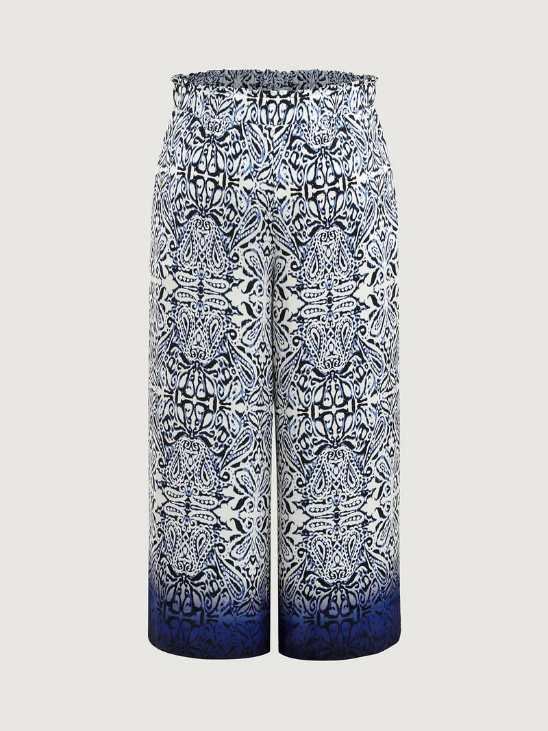 Abstract Floral Print Shirred Wide-Leg Pants