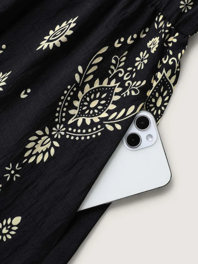 Boho Print Halter Neck Pockets Midi Dress
