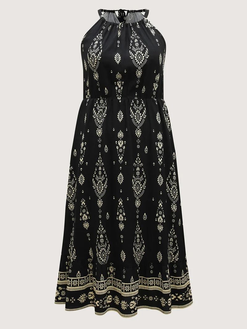 Boho Print Halter Neck Pockets Midi Dress
