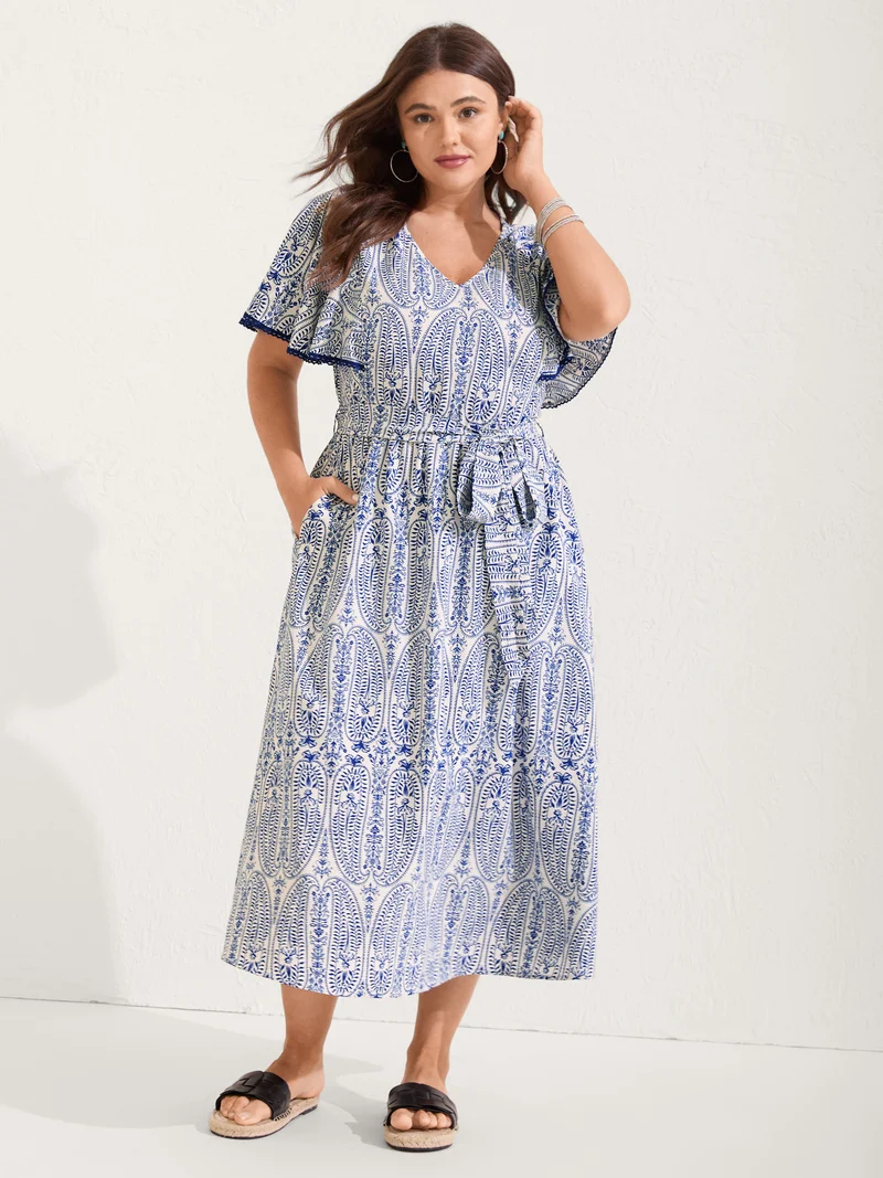 Rayon Paisley Print Cinched-Waist Midi Dress