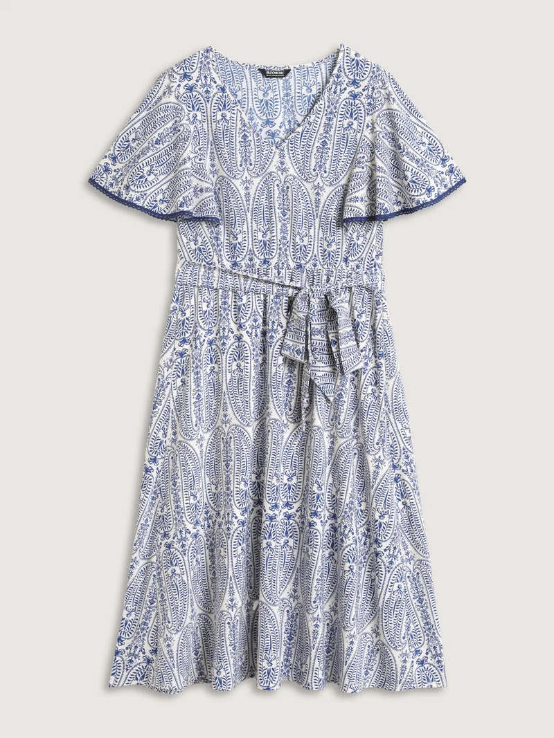 Rayon Paisley Print Cinched-Waist Midi Dress