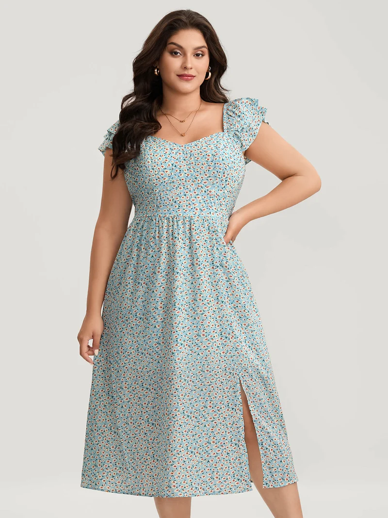 Ditsy Floral Print Layered Ruffle Midi Dress