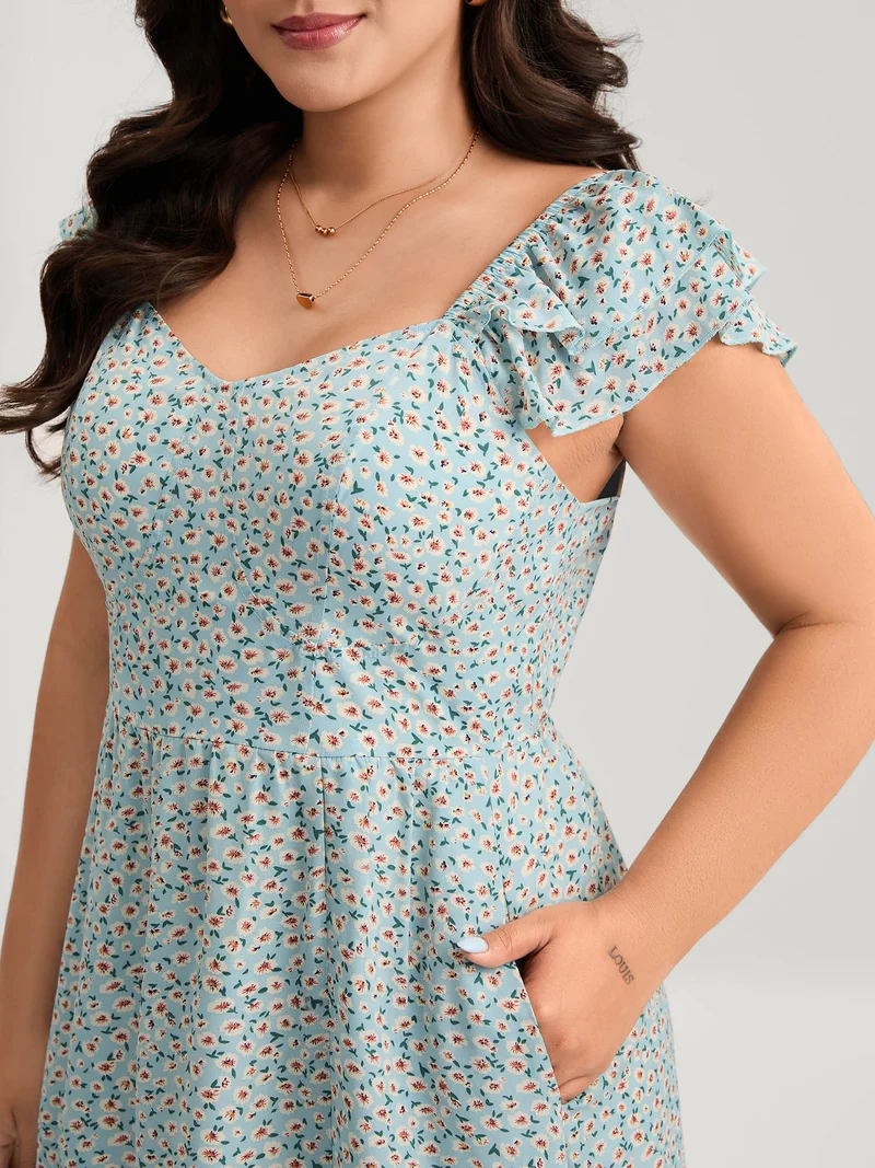 Ditsy Floral Print Layered Ruffle Midi Dress