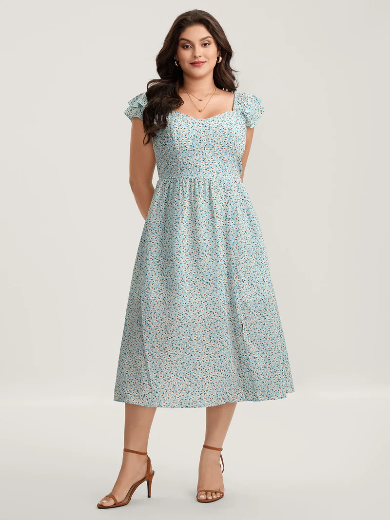 Ditsy Floral Print Layered Ruffle Midi Dress