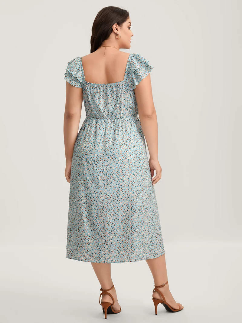 Ditsy Floral Print Layered Ruffle Midi Dress