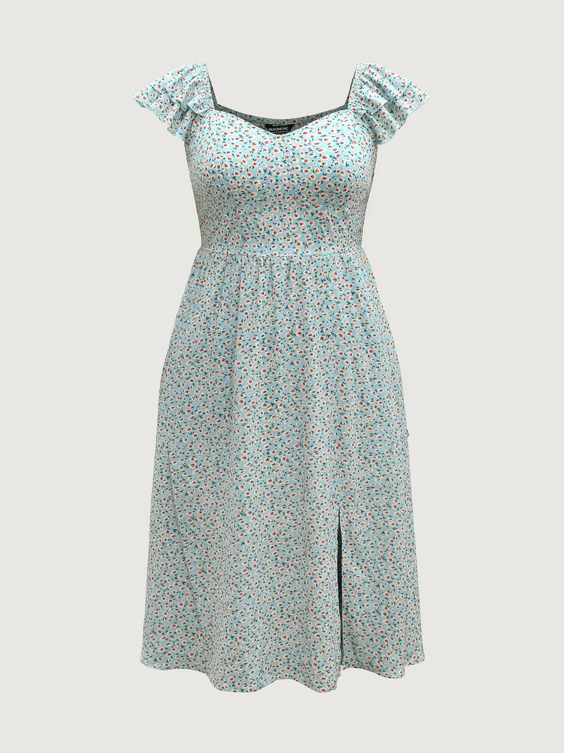 Ditsy Floral Print Layered Ruffle Midi Dress