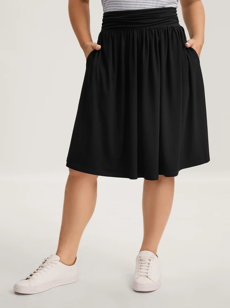 Ruched Waist Flowy Solid Midi Skirt