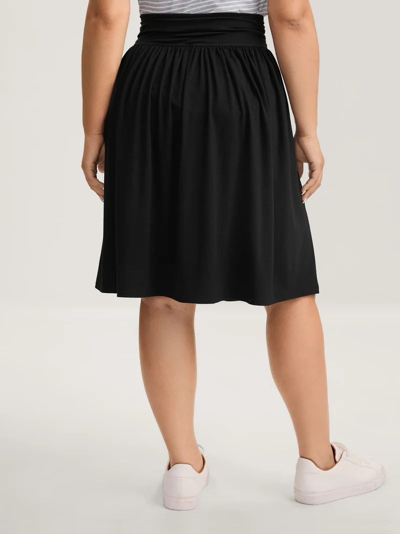 Ruched Waist Flowy Solid Midi Skirt