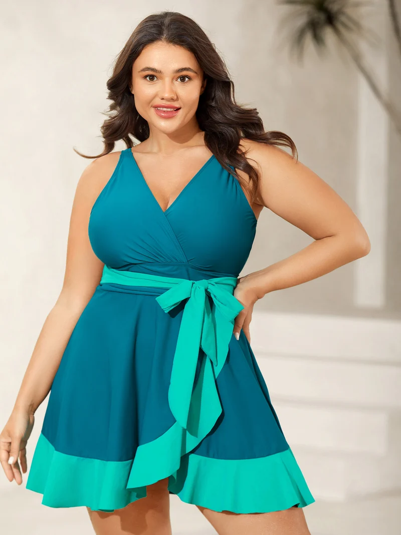 Color Block Ruffled Hem Swim Dress
