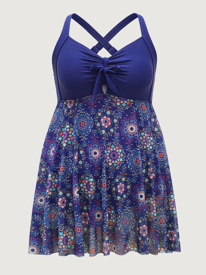 Tie-Front Sheer Boho Print Swim Dress