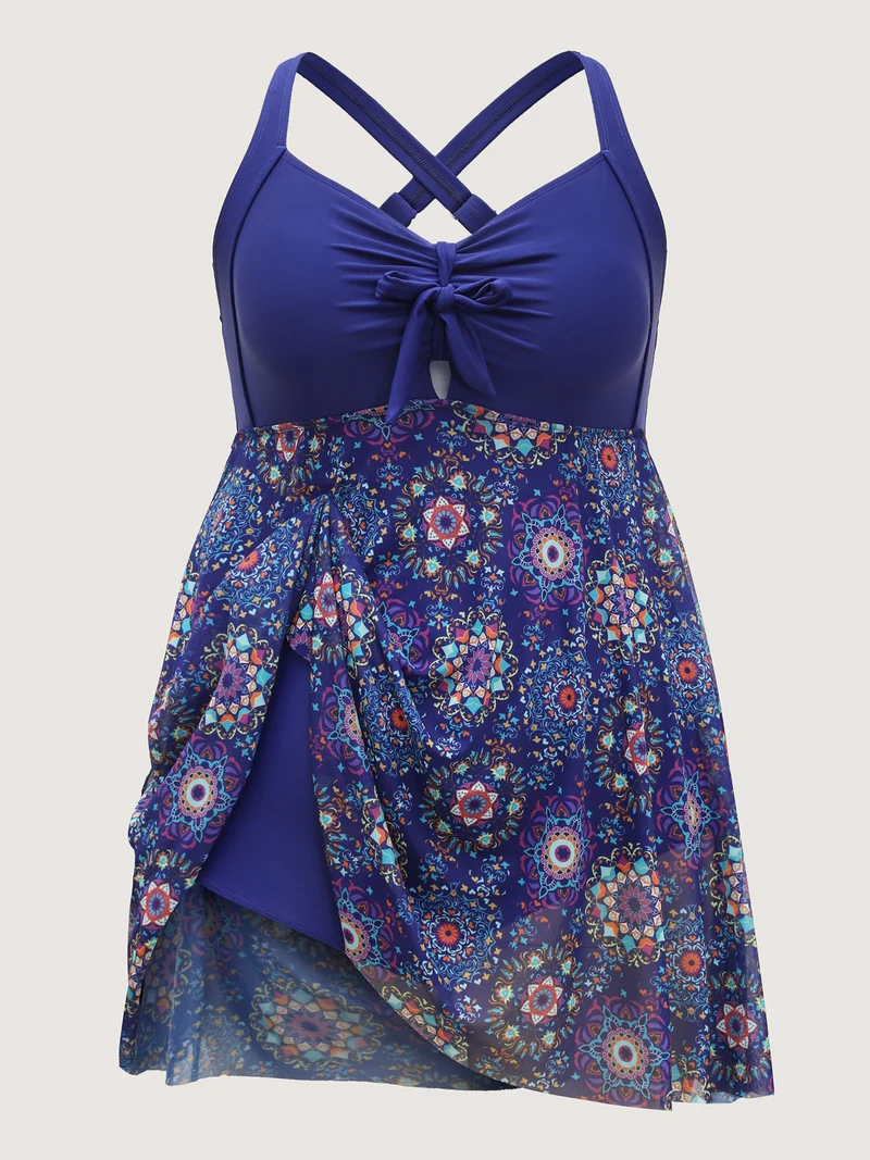 Tie-Front Sheer Boho Print Swim Dress