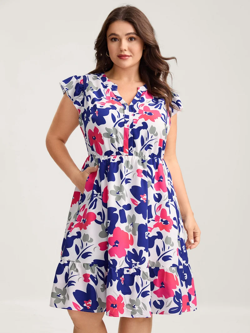 Color Block Floral Print Notched Midi Dress